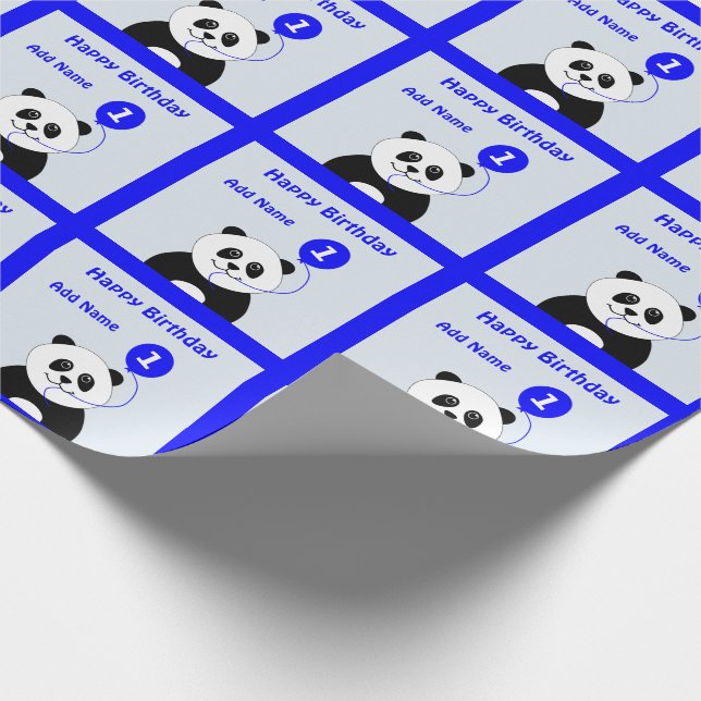 Lägg till namn panda, första födelsedagsblått presentpapper (Hörn)