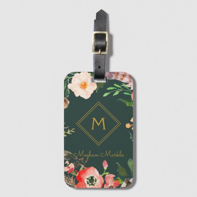 Lägg till namn Personlig Modern Elegant Blommigt G Bagagebricka (Framsida vertikal)