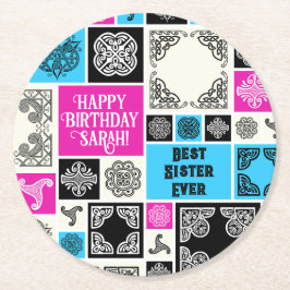 Lägg till Namn & relation, Magenta på födelsedagen Underlägg Papper Rund