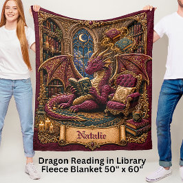 Lägg till namn Röd & Guld Bok Drakon i Bibliotek Fleecefilt