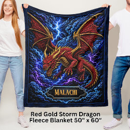 Lägg till Namn Röd & Guld Stormdrake med Blixt Fleecefilt
