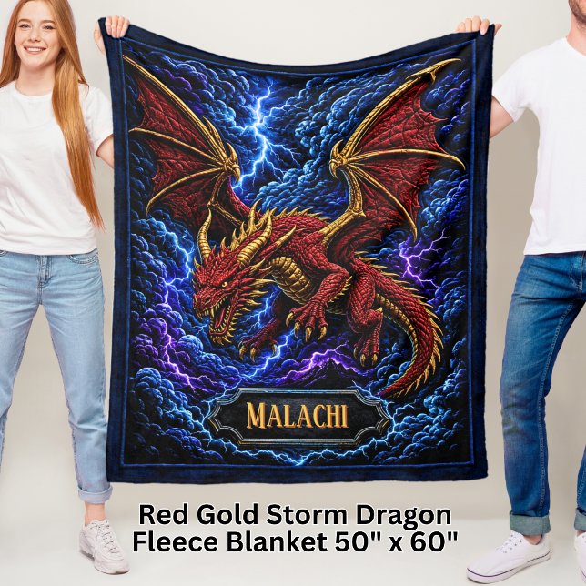 Lägg till Namn Röd & Guld Stormdrake med Blixt Fleecefilt (Skapare uppladdad)