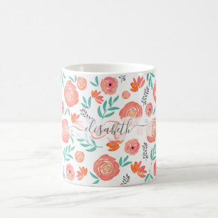 Lägg till Namn + Rosa Blommönstret Korallvattenf Kaffemugg