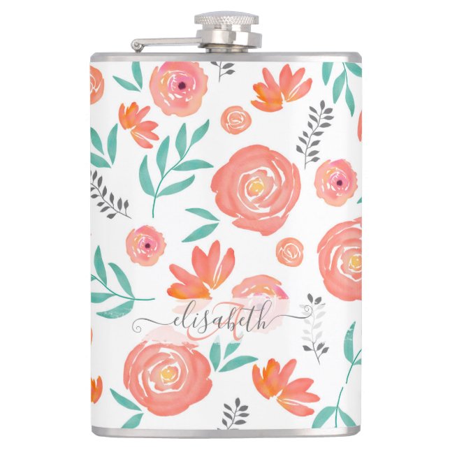 Lägg till Namn + Rosa Blommönstret Korallvattenfär Fickplunta (Framsidan)