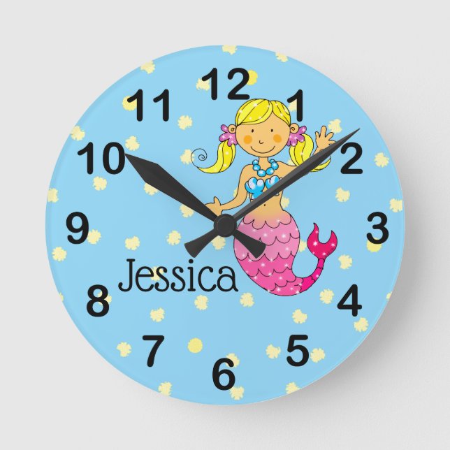 Lägg till namn - rosa prinsessa sjöjungfru (blonda rund klocka (Framsida)