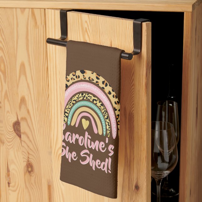 Lägg till Namn, sked leopard Skriv ut Rosa Rainbow Kökshandduk (Thirds Fold)