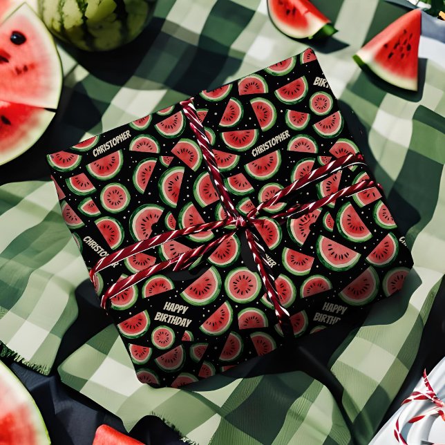 Lägg till namn Sommarfödelsedag Fun Watermelon on  Presentpapper (Personalized wrapping paper with Summer watermelon pattern on black)