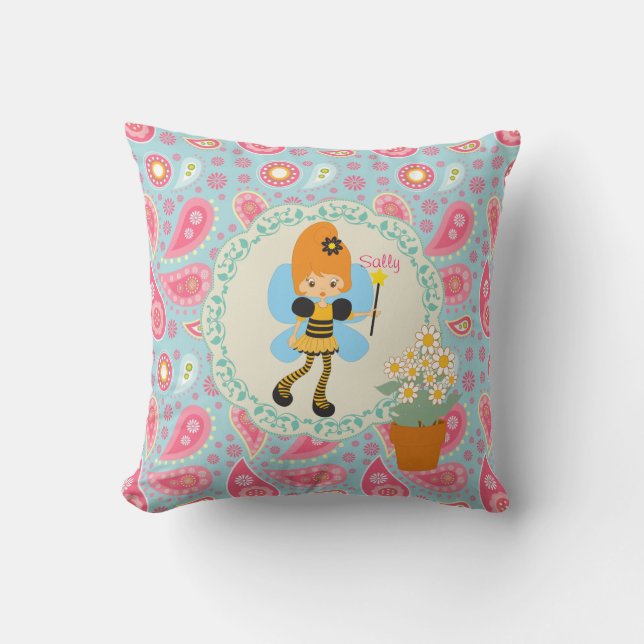 Lägg till namn Söt bin Fairy rosa paisley-flickor Kudde (Framsida)