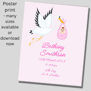 Lägg till Namn - Stork för födelseinformation Rosa Poster