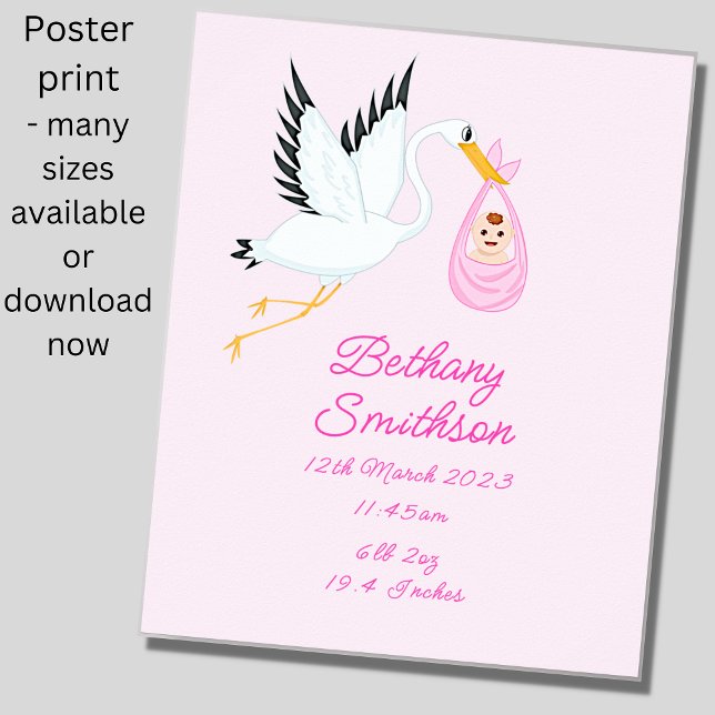 Lägg till Namn - Stork för födelseinformation Rosa Poster (Skapare uppladdad)
