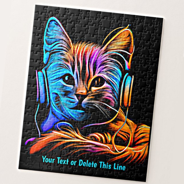 Lägg till Namn-text, Aqua Orange Neon Cat-hörlurar Pussel (Skapare uppladdad)
