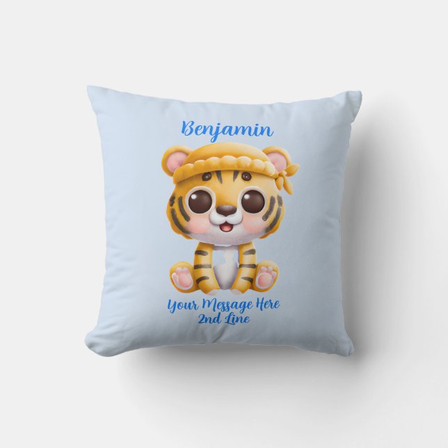 Lägg till Namn-text, Baby-tiger med Hat i blått Kudde (Framsida)