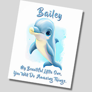 Lägg till namn text, Babyblå delfin för barnkammar Poster
