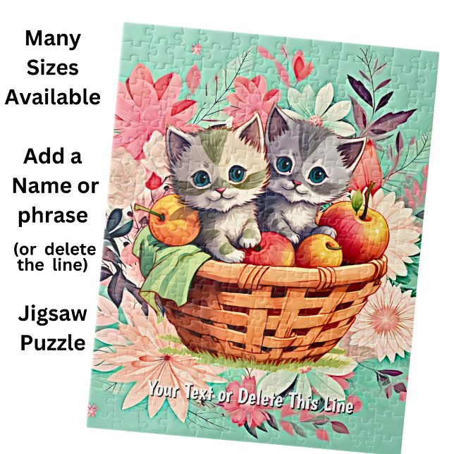 Lägg till Namn-text, Cute Kittens i Basket på Blom Pussel (Skapare uppladdad)