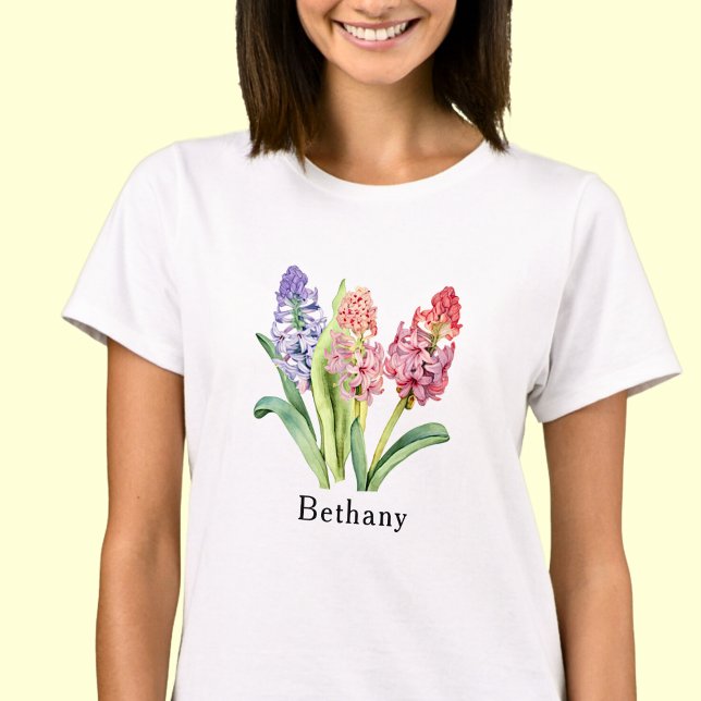 Lägg till Namn-text, Hyacint Flowers, Pinks & Lila T Shirt (Skapare uppladdad)