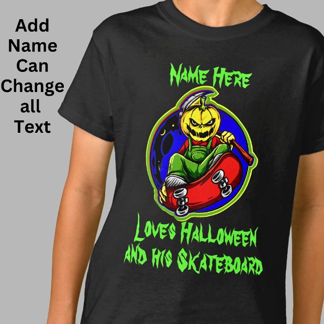 Lägg till Namn Text Pumpkin Monster Skateboard Hal T Shirt (Skapare uppladdad)