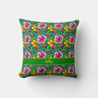 Lägg till Namn-text Tropiskt Hibiscus Flower Jungl Kudde