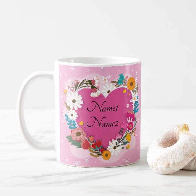 Lägg till Namn Text Valentines day Rosa Blommigt H Kaffemugg (Med munk)