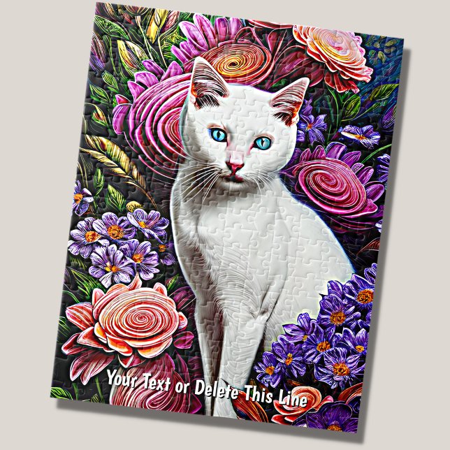 Lägg till Namn-text, vit katt med Abstrakt-blommor Pussel (Skapare uppladdad)