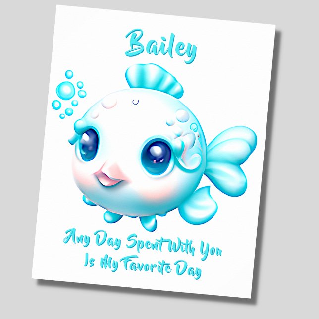 Lägg till namntext, Baby Aqua Blå Fisk Nursery Poster (Skapare uppladdad)