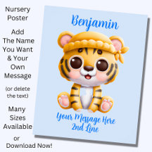 Lägg till namntext, baby tiger med hatt på blå
