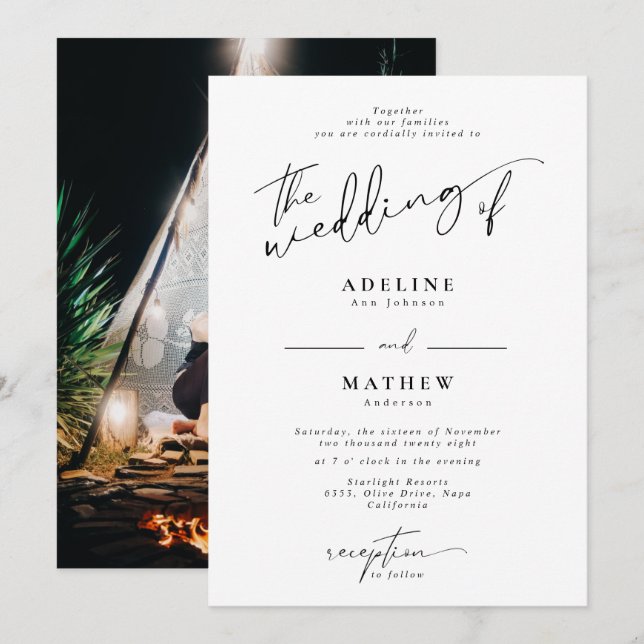 Lägg till Personlig Foto Modern Script Bröllop Inbjudningar (Fram/baksida)