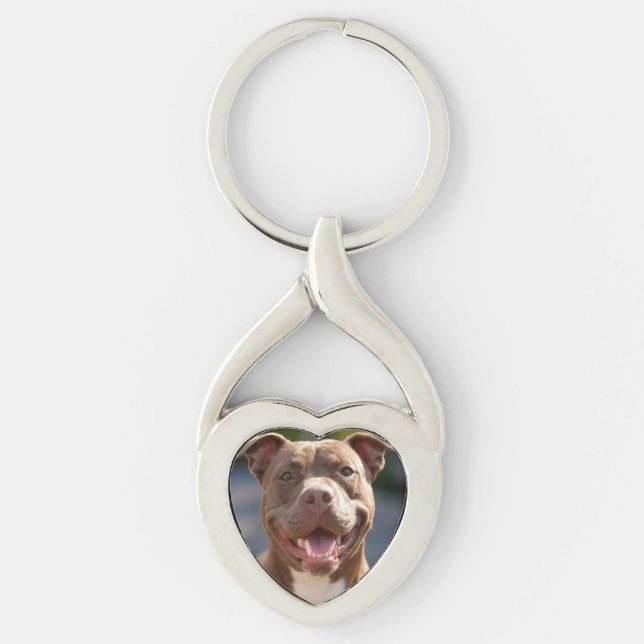 Lägg till Pit Bull Photo Customize Twisted Heart Silverfärgad Nyckelring (Framsidan)