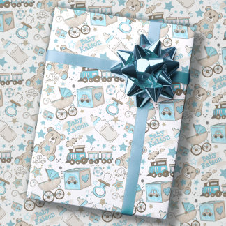 Lägg till Pojke Namn Nursery Blue Newborn Glitter Presentpapper