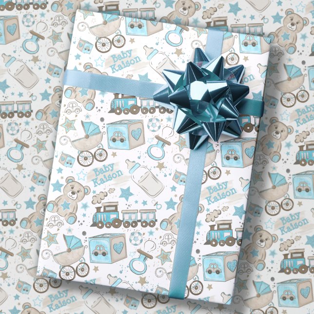 Lägg till Pojke Namn Nursery Blue Newborn Glitter Presentpapper (Skapare uppladdad)