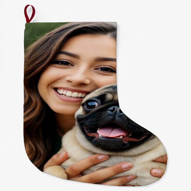 Lägg till Pug-foto Anpassa Personalisera Stor Julstrumpa (Framsidan)