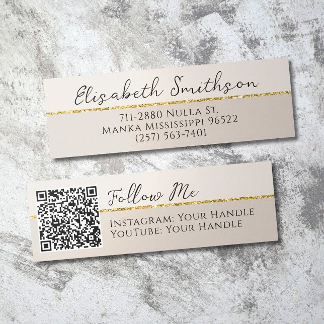 Lägg till QR-kod Social medietaupe Guld Glitter Mo Mini Visitkort (Skapare uppladdad)