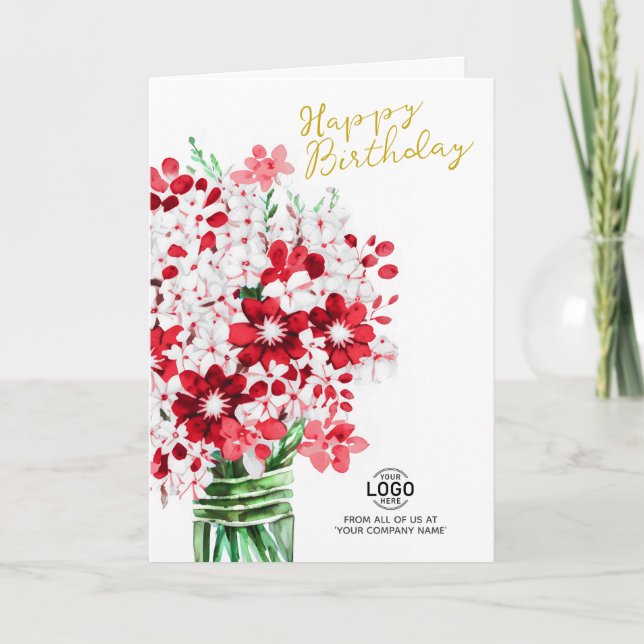 Lägg till rödvita blommor, Logotyp, födelsedag Kort (Framsida)