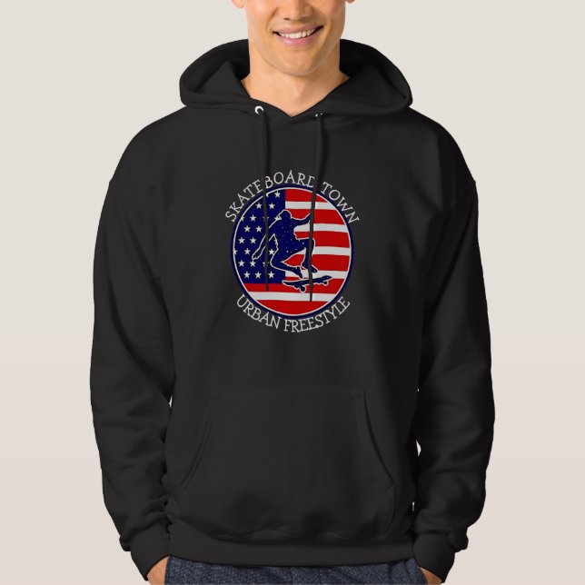 Lägg till stadstext Namn Skateboard USA flagga Hoodie (Framsida)