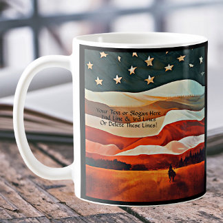 Lägg till text - Cowboy Riding in Flagga Sunset Kaffemugg