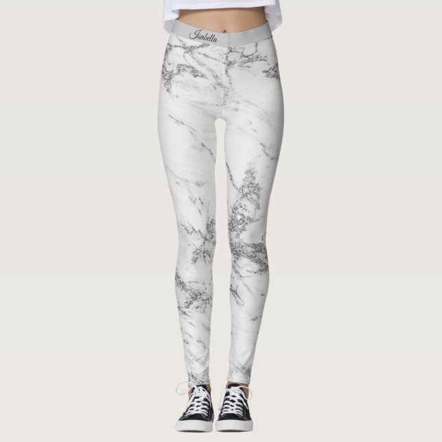 Lägg till text i Luxury Silver Glitter Marble Leggings (Framsida)