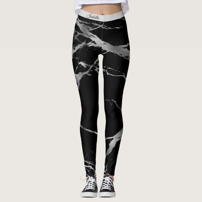 Lägg till text i Silver Svart Marble Leggings (Framsida)