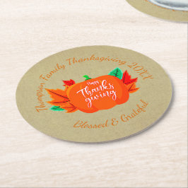 Lägg till Thanksgiving för Namn- i familjen Underlägg Papper Rund