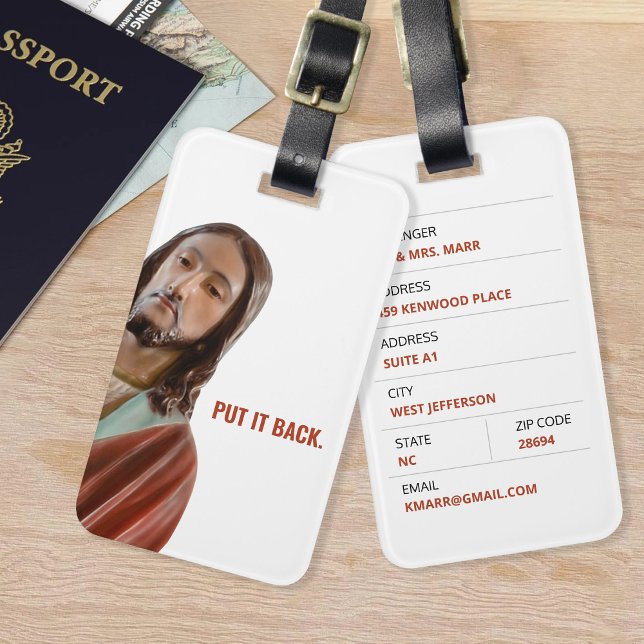 Lägg tillbaka den roliga Jesus mot vit bakgrund Bagagebricka (Skapare uppladdad)