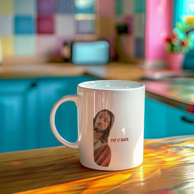 Lägg tillbaka den roliga Jesus mot vit bakgrund Kaffemugg (Skapare uppladdad)