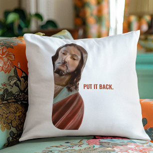Lägg tillbaka den roliga Jesus mot vit bakgrund Kudde
