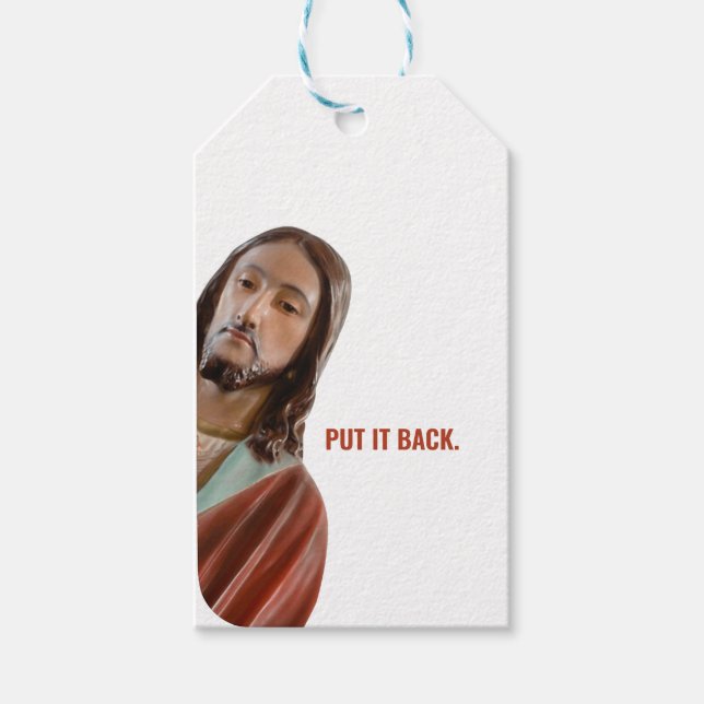 Lägg tillbaka den roliga Jesus mot vit bakgrund Presentetikett (Framsidan)