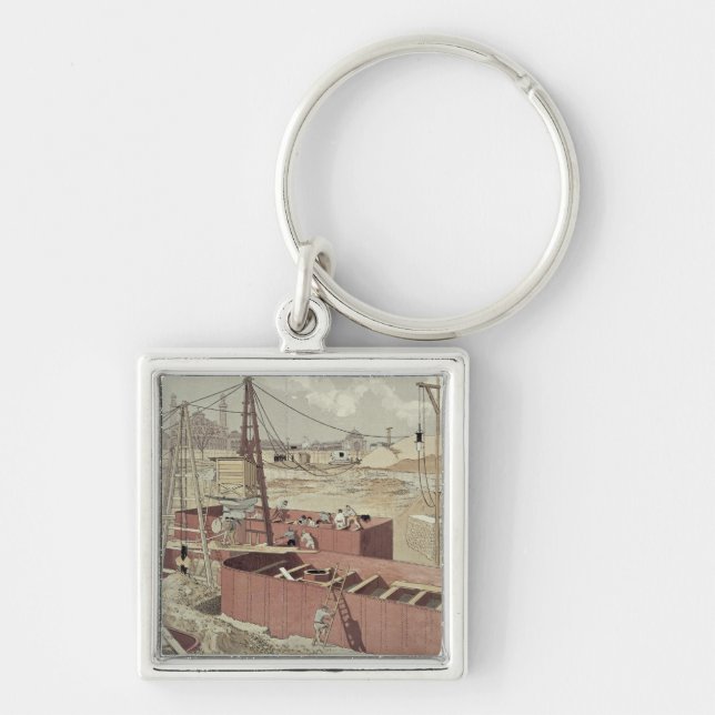 Lägga fundamenten för det Eiffel torn Fyrkantig Silverfärgad Nyckelring (Framsidan)