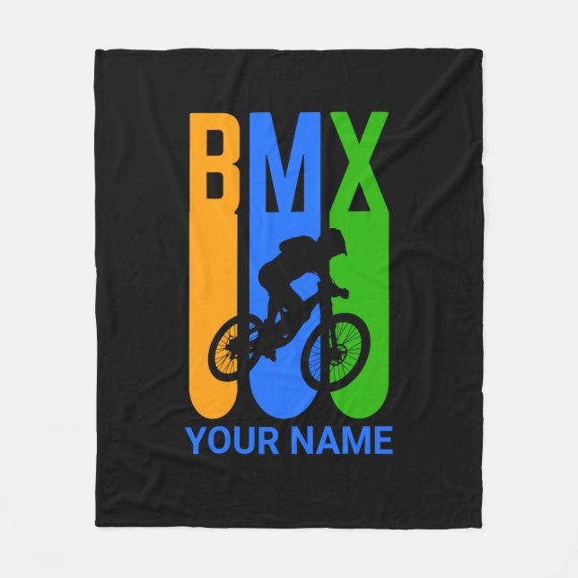 Lägga till BMX Bike Rider Orange Blue Grönt Namn e Fleecefilt (Framsidan)