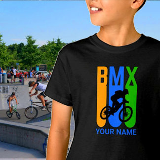 Lägga till BMX Bike Rider Orange Blue Grönt Namn e T Shirt