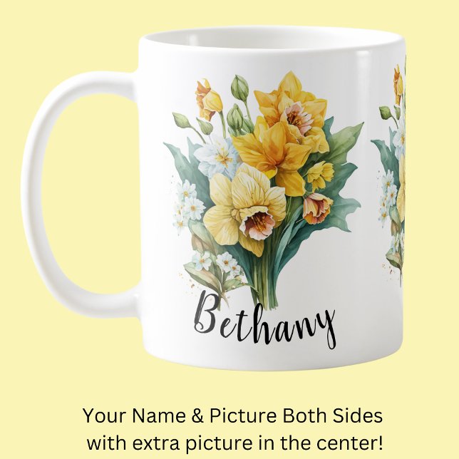 Lägga till Namn eller text, Gult Daffodils med Grö Kaffemugg (Skapare uppladdad)