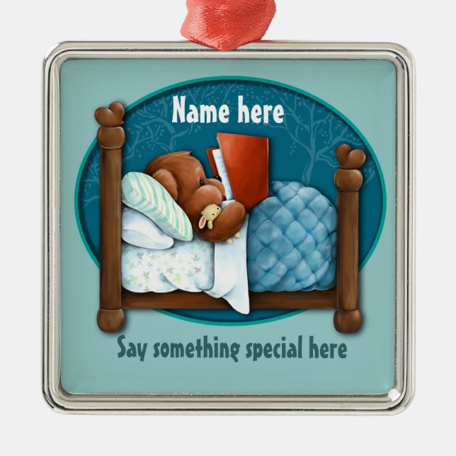 Läggdagsberättelsebjörn och kanin julgransprydnad metall (Framsidan)