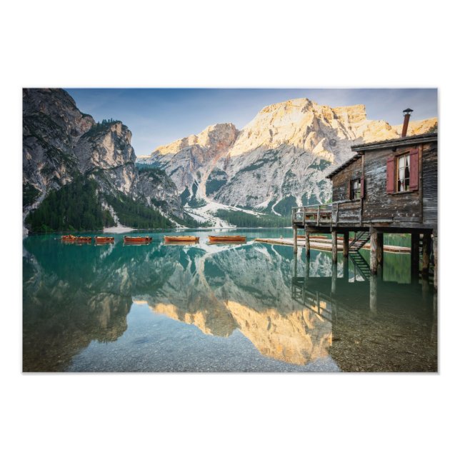 Lago di Braies i Dolomites i Italien Fototryck (Framsidan)