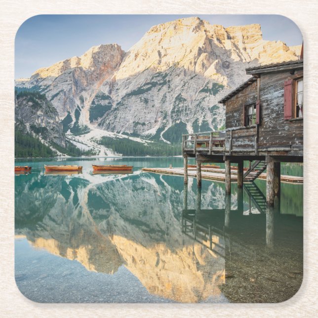 Lago di Braies i Dolomites i Italien Underlägg Papper Kvadrat (Framsidan)