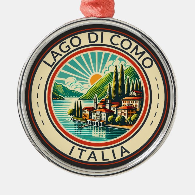 Lago di Como Italia Illustration Travel Art Badge Julgransprydnad Metall (Framsidan)