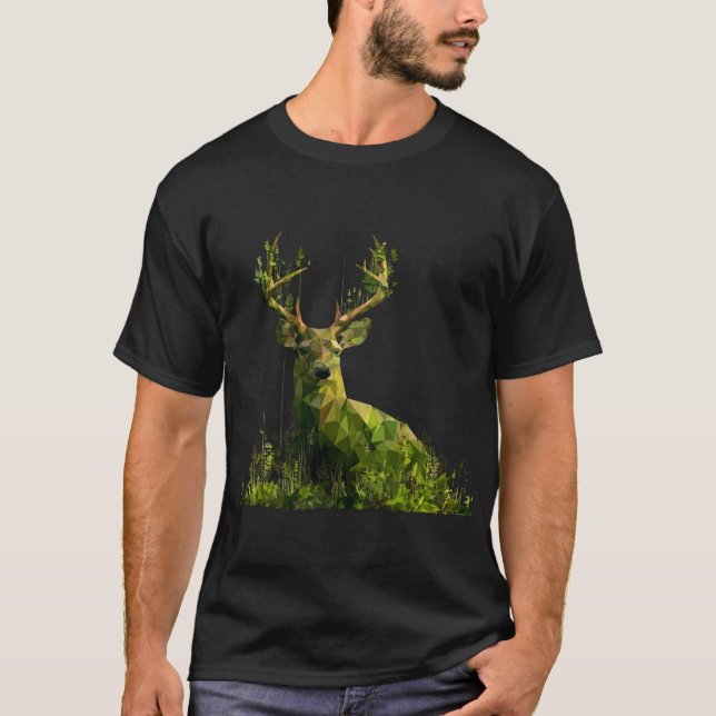 Lågpoly Grön Hjort — Geometrisk Skogsvildliv T Shirt (Framsida)